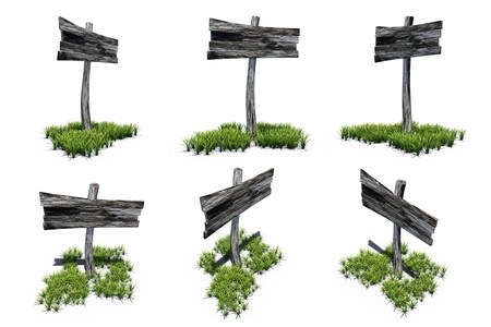 Old wooden sign with green grass isolate rendering on white background の写真素材