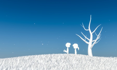 Boy giving flowers to girl on the white prairie の写真素材