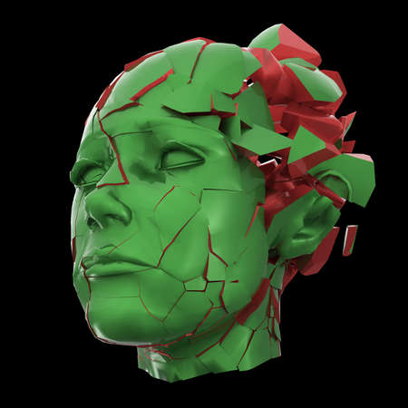 Glossy woman head exploding shuttered - Headache, mental problems, stress, disaster concept illustration. High quality 3d render, isolated.の写真素材