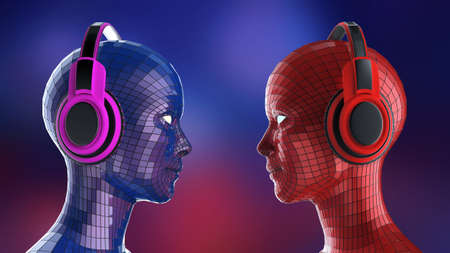 two colorful disco girl-robot heads with shining eyes in big headphones facing each other, music...