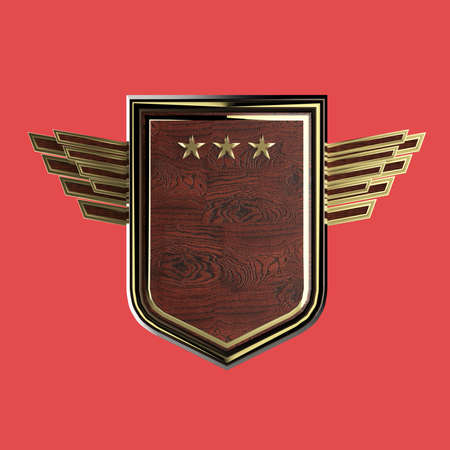 Realistic blank shield with three stars and stylized wings, hight quality 3d rendering, isolated. Badge, achievement, sign, design element.の写真素材