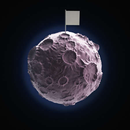 Moon with craters and heart scratched on surface and blank flag on top. High quality 3d rendering. Isolated.の写真素材