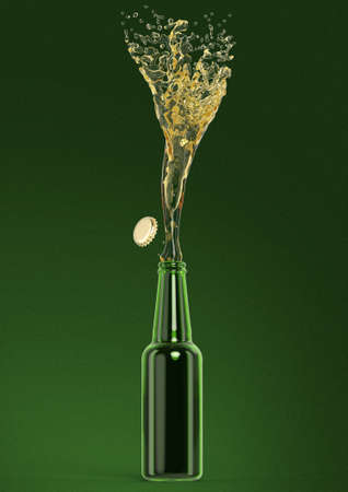 green beer bottle with stream fresh drink and cap off isolated 3d renderの写真素材