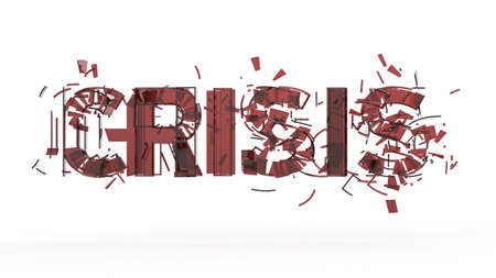 3d illustration of cracked word crisis isolated on color bacground, financial, world, war crisis concept renderの写真素材