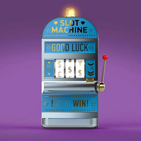vintage classic slot machine with currency symbols on reels. isolated  on color background 3d renderの写真素材