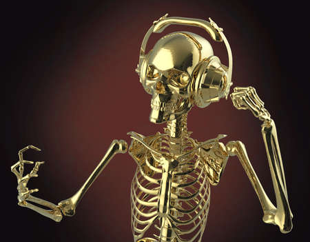Golden shiny metal skeleton in big earphones posing, isolated on dark background. 3d rendering party poster templateの写真素材