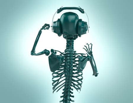 Green shiny plastic skeleton in big earphones posing isolated on light background. 3d rendering...