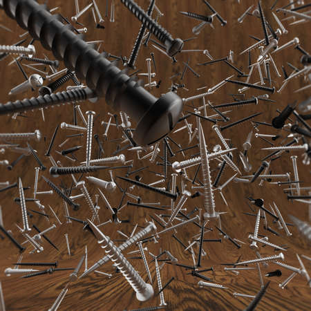 black and silver screws chaotically floating in the air in front of blue background. workshop, creativity poster template, high quality 3d render.の写真素材
