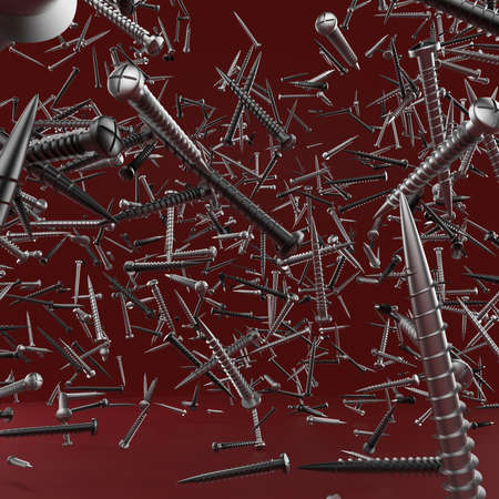 black and silver screws chaotically floating in the air in front of blue background. workshop, creativity poster template, high quality 3d render.の写真素材
