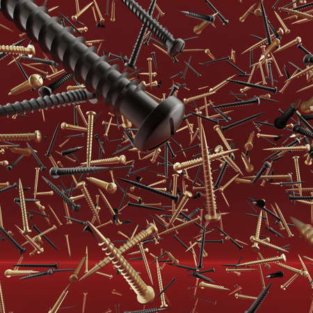 black and silver screws chaotically floating in the air in front of blue background. workshop, creativity poster template, high quality 3d render.の写真素材