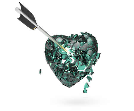 broken glossy metallic heart with arrow on isolated on black background. Valentines day poster  template 3d renderの写真素材