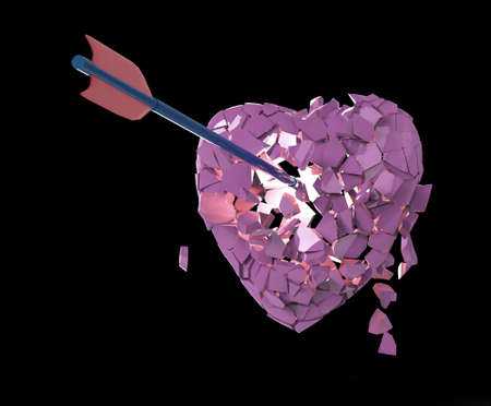 broken glossy metallic heart with arrow on isolated on black background. Valentines day poster  template 3d renderの写真素材