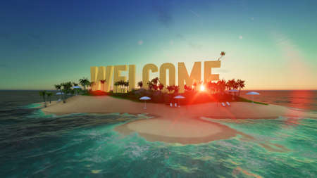 3d render word welcome made of sand on tropical paradise island with palm trees an sun tents. Summer...