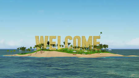 3d render word welcome made of sand on tropical paradise island with palm trees an sun tents. Summer vacation tour concept.の写真素材