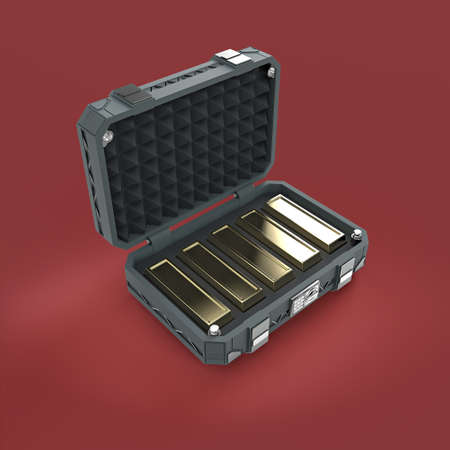 sci-fi reinforced metal sage case full of gold bars. 3D render isolated