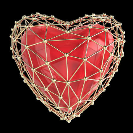 crystal low poly shiny 3d heart in atom array heart shaped cage. Wedding and valentines day conceptの写真素材