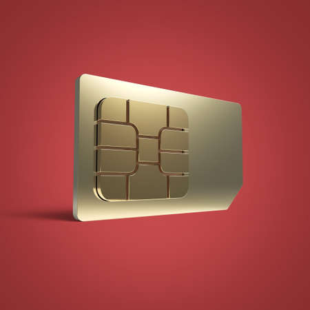 SIM card concept: golden card microchip isolated on color background 3d render reflection effect...
