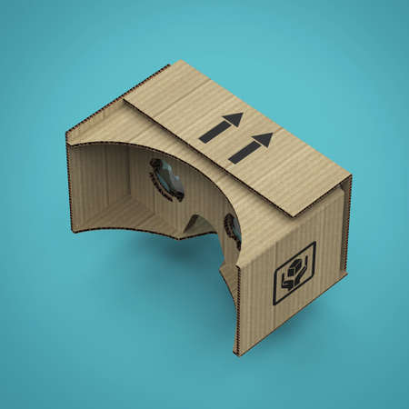 Virtual reality goggles eye-wear cardboard head equipment VR helmet, augmented reality device with mobile phone inside 3d render isolatedの写真素材