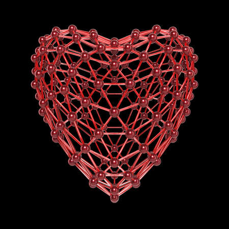 Heart shaped 3d molecule made of colorful shiny plastic balls and glass rods isolated on black. Valentines day concept 3d renderingの写真素材