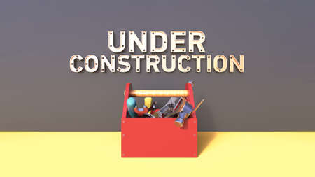 website under construction concept with letters made out of metal and bolts, with toolbox full of tools in front of the wall. High quality 3d rendering.の写真素材