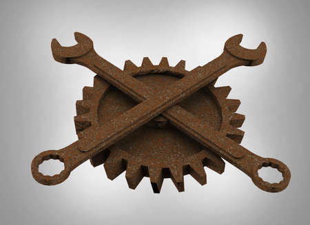 Jolly rodger made of rusty wrenches and gearwheels, fallout post apocalyptic style mechanic emblem 3d render side viewの写真素材