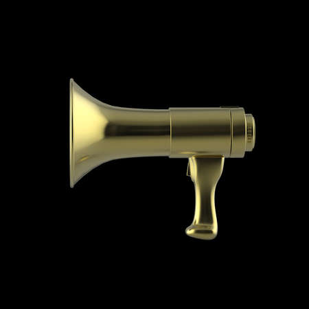 shiny golden megaphone isolated on black background 3D rendering.の写真素材