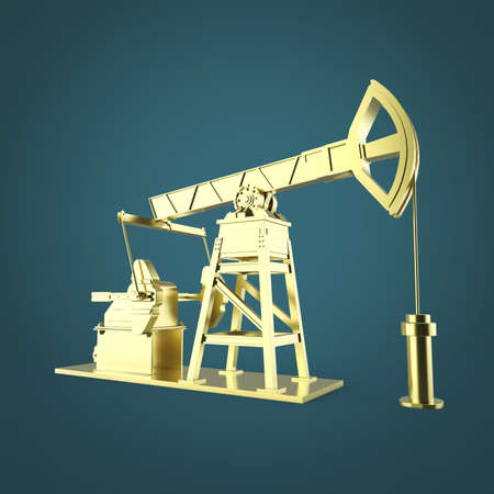 High detailed golden oil pump-jack, oil rig. isolated 3d rendering. oil, fuel industry, economy crisis illustration.の写真素材