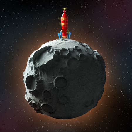 glossy metallic vintage rocket landed on surface of the moon. on space with stars background. high...