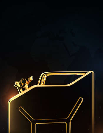 high quality 3d dark background with golden jerry can. oil, gas, fuel energy concept background 3d renderの写真素材