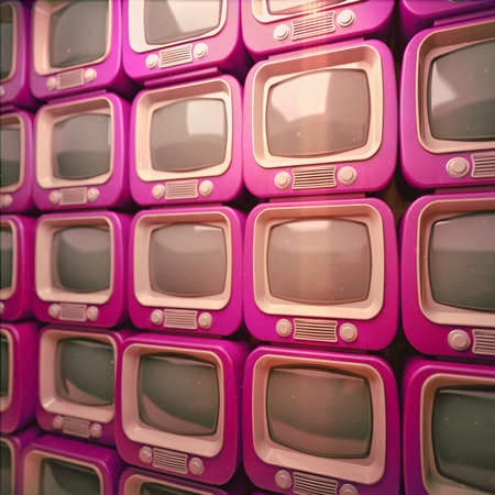 Pile of color retro TV. Antique television sets background. 3D rendering illustrationの写真素材