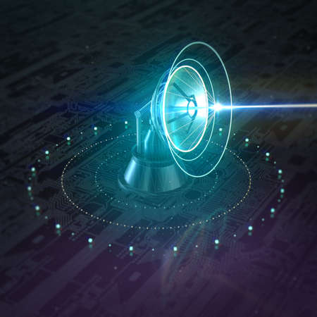 Parabolic radar lidar radio telescope dish.Global communication with Satellite shining data flow 3d...