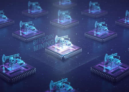 Computer Circuit Board with muliple asic chips and oil pump jacks on top of cpu. Blockchain...
