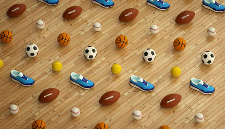 isometric sports fitness background made of soccer, football, tennis, baseball balls and colorful running sneakers. 3d renderの写真素材