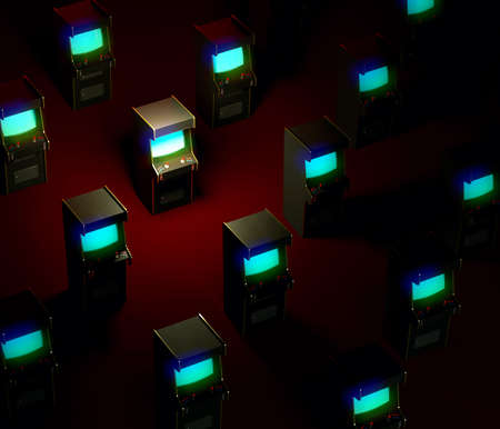 A lot of vintage arcade game machine cabinets blue glowing screens in dark hall with red floor an...
