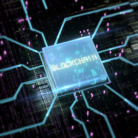abstract cyber space with blue glowing chip and streaming sparkles and word blockchain on it. 3d...