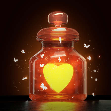 glass jar with magic shining heart and butterflies flying around it on dark background, valentines day romance love concept 3d render illustrationの写真素材