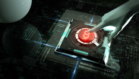 white hand push ICO launch red button in abstract virtual tech background. initial coin offer 3d...