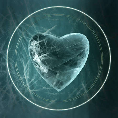 Ice heart with cracks and facets on dark ice background surrounded with some circles. Loneliness...