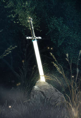 Shining in the dark sword excalibur King Arthur stuck in the rock stone in misterious forest render. metaphor of candidate applicant test, fight for good.の写真素材