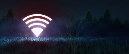 glowing neon wifi symbol in the night field.  5g network, coverage area, navigation concept with copy space 3d rednerの写真素材