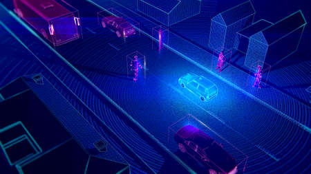 blue driverless transport on street with other cars and objects recorgnized by vehichle Ai computer vision 3d render artificial inelligence driven machine image recognition concept..の写真素材