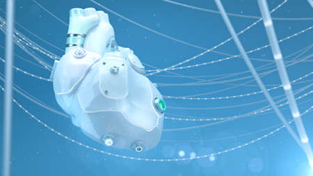 Artificial robotic internal organ - white plastic silicone human replacement heart with glowing parts and wires. Biotech, medical technology longevity concept 3d illustrationの写真素材