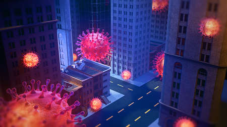 3D Rendering, virus particle over city in the streets. Danger Pandemic quarantine social distancing...