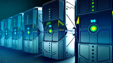 3D illustration military look rugged servers and Big Data Transmission, 5G Network, Network...