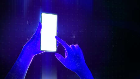 blue translucent virtual hands using a smartphone with a blank luminous screen in cyberspace. 3d render application demo template mockup new technology poster with copy spaceの写真素材