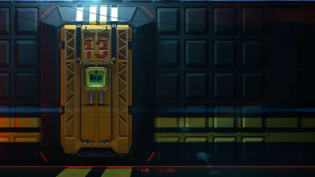 Science fiction interior very secure reinforced vault gate with security screen lock technology...