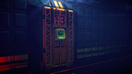 Science fiction interior very secure reinforced vault gate with security screen lock technology...