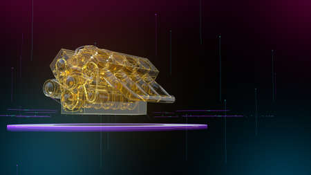 Glowing neon glass engine on lfhr backgound in cyberspace. Hi tech smart car, motor diagnostics service concept 3d rendered illustrationの写真素材