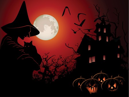 Halloween background with witch and hounted houseのイラスト素材