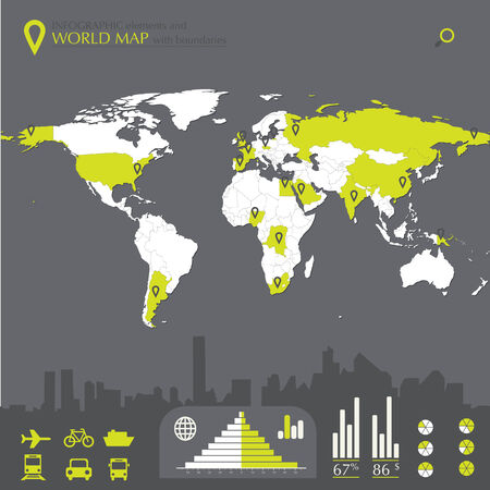 World map with countries and infographic elements in editable vector formatのイラスト素材
